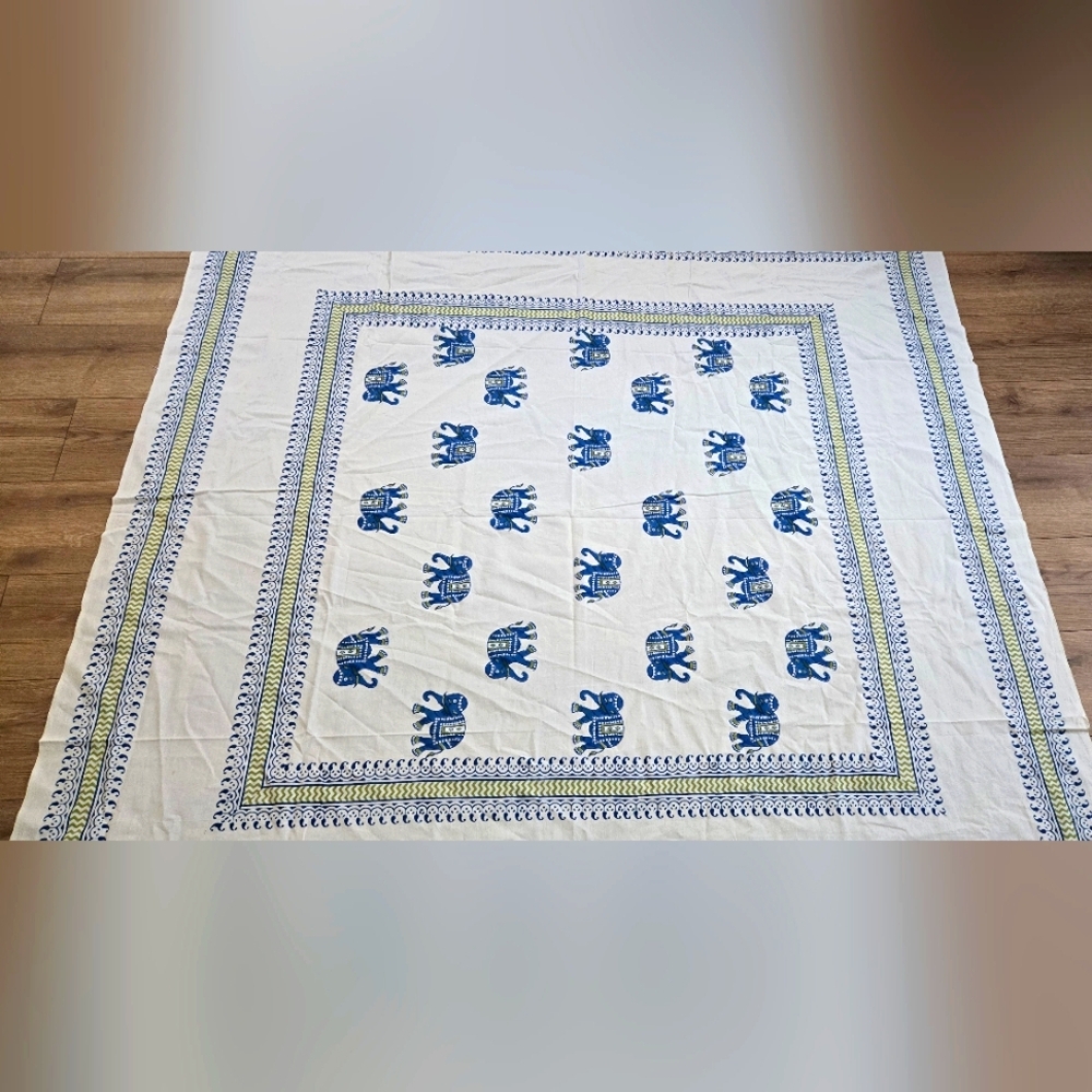 Vintage White Tablecloth 67" square Blue Elephants & Green Trim